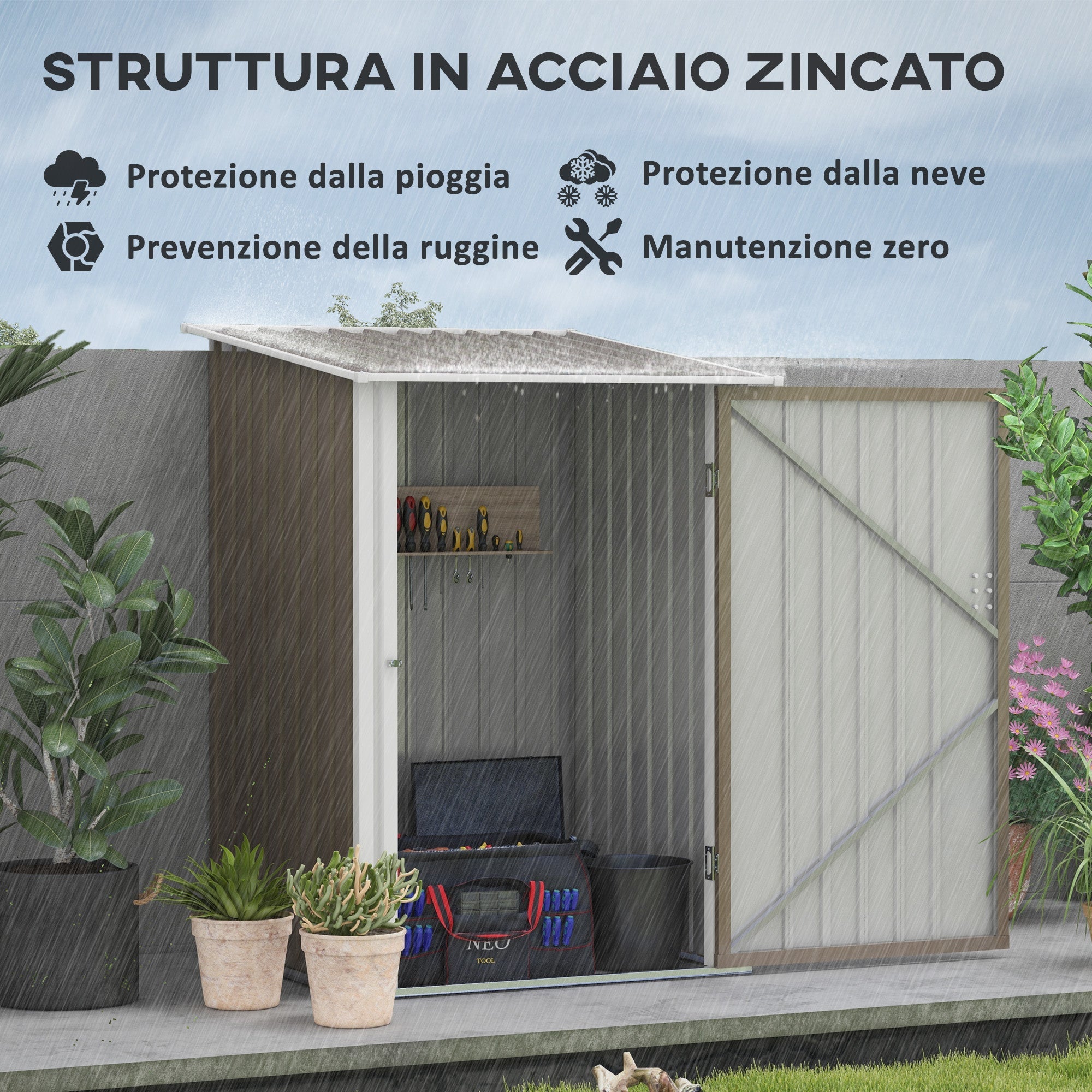 Casetta Porta Attrezzi con Tetto Inclinato e Serratura 100x103x160 cm in Acciaio Zincato Marrone