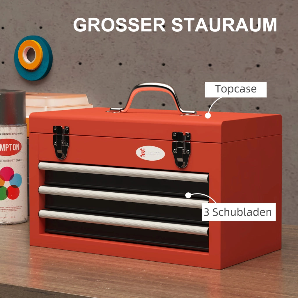 CASSETTA Attrezzi 45x24x27 cm in Acciaio Rosso con 3 Cassetti e Vano Superiore