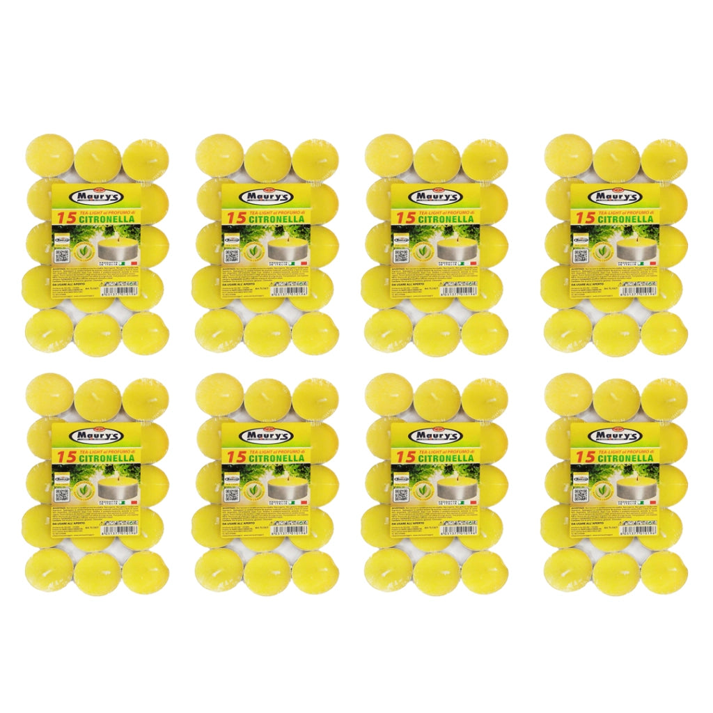MAURY'S CANDELINE TEA LIGHT 120 PZ GIALLE CON OLIO DI CITRONELLA E BASE IN METALLO