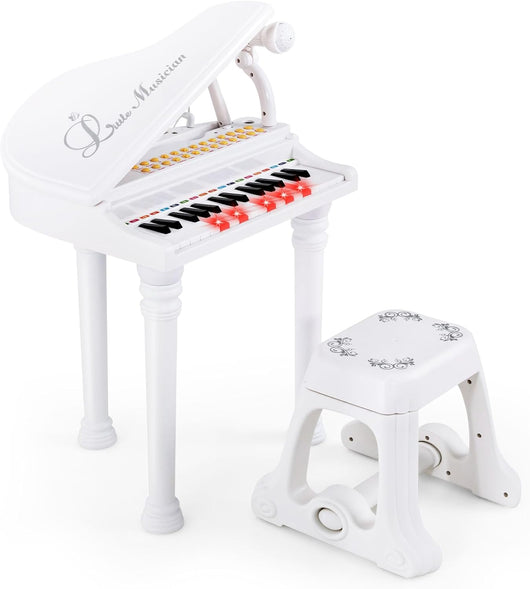 Tastiera Pianoforte a 31 Tasti con Microfono e Sgabello, Pianoforte Giocattolo Portatile con Modalità di Insegnamento a LED, Pianoforte a Coda per Bambini 3+ Anni (Bianco), 35 x 30 x 55 cm