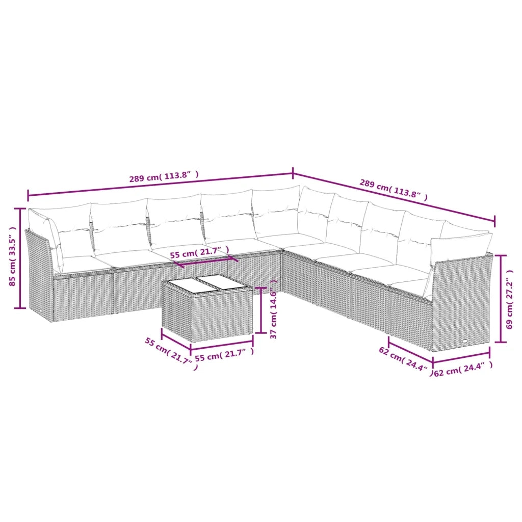 Set Divano da Giardino 10 pz con Cuscini Beige in Polyrattan