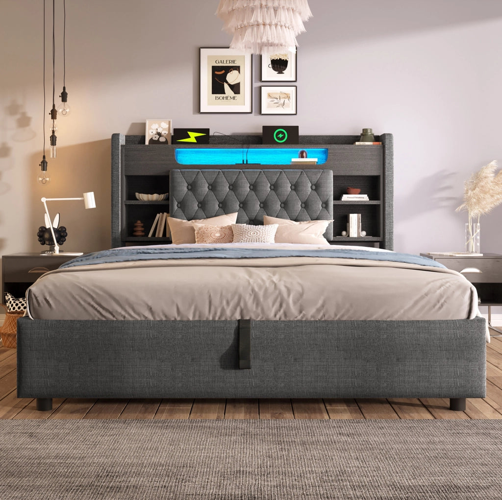 Letto imbottito ULEVR 140x200 cm con contenitore idraulico, LED, USB e Type-C, testiera con ripiani, grigio