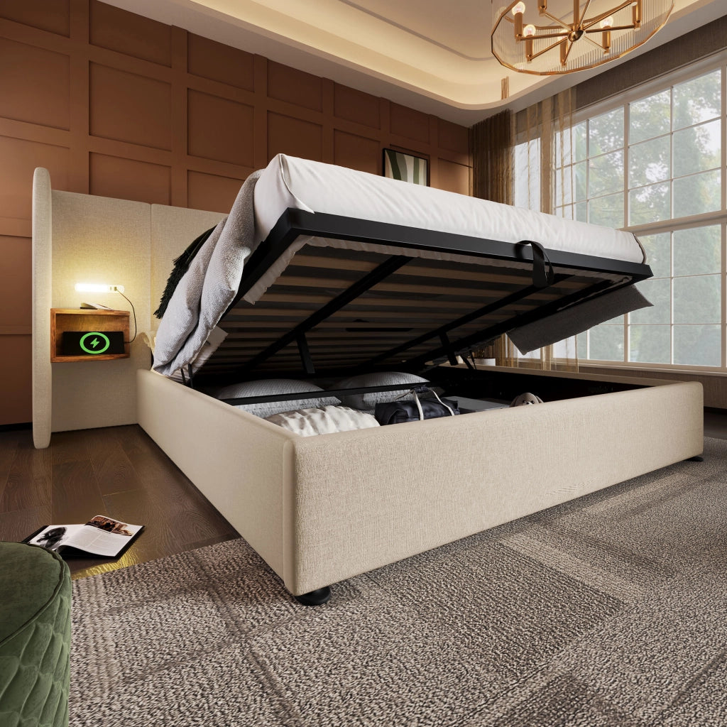 Letto Contenitore Matrimoniale; USB-C; Lampada da Lettura e Ripiani; 180 × 200 cm; senza Materasso