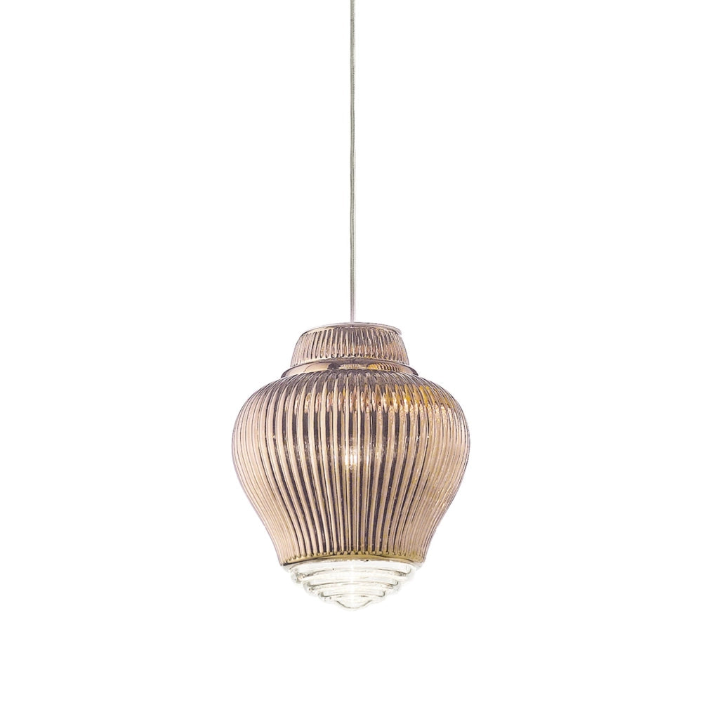 Clyde Lampada a sospensione in vetro soffiato oro rosa con lavorazione rigadin e struttura in metallo grigio, altezza regolabile, design modulare