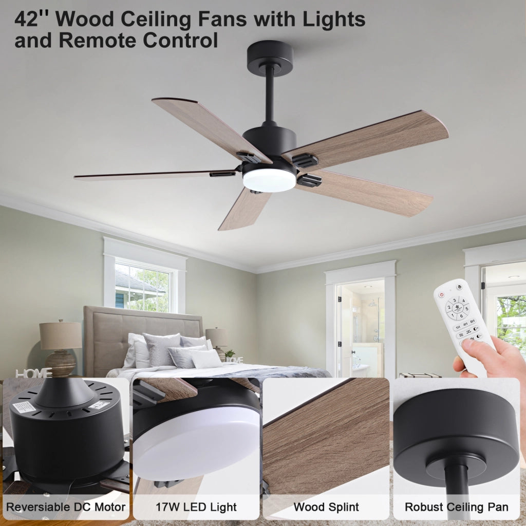 Ventilatore da soffitto 42 pollici con luce, nero moderno con telecomando, stile rustico, doppia finitura pale, motore potente