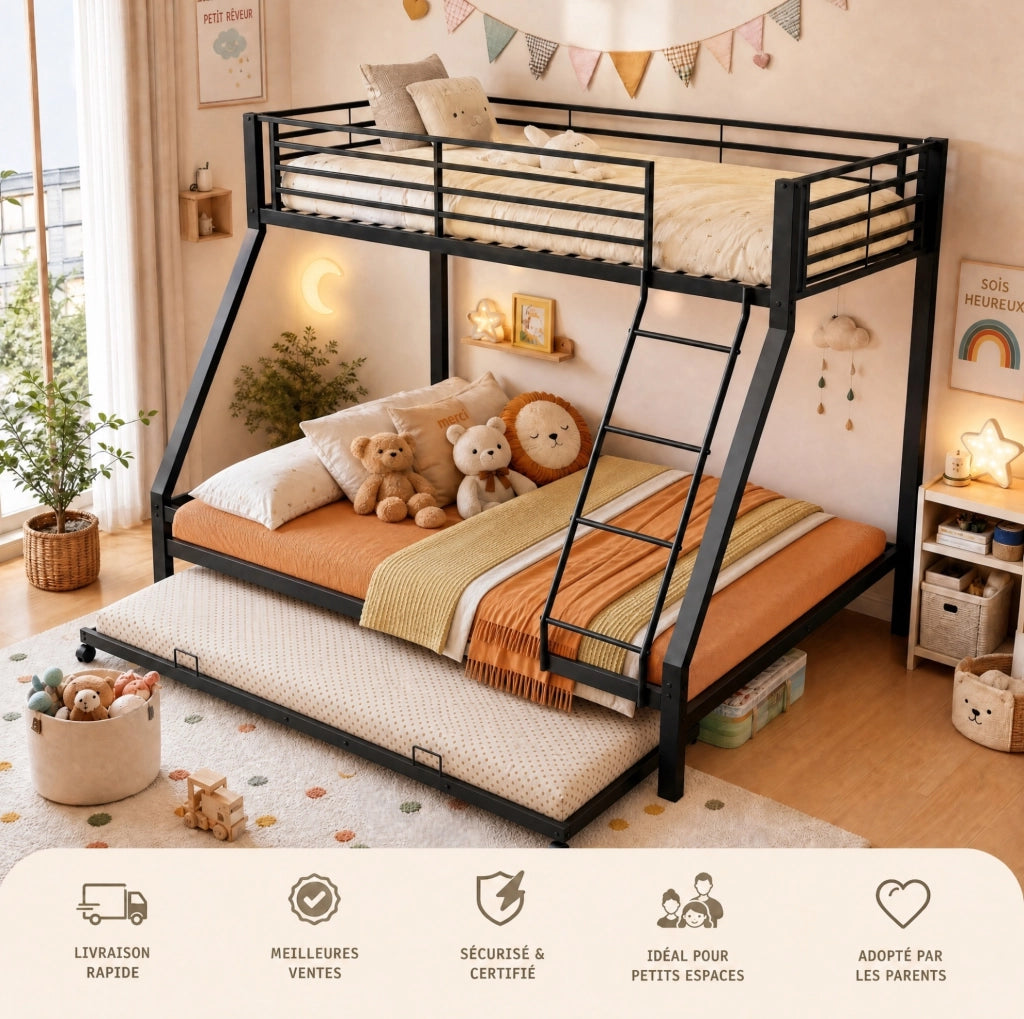 Letto a castello in metallo 90x200 e 140x200 cm con letto estraibile 90x190 cm; nero