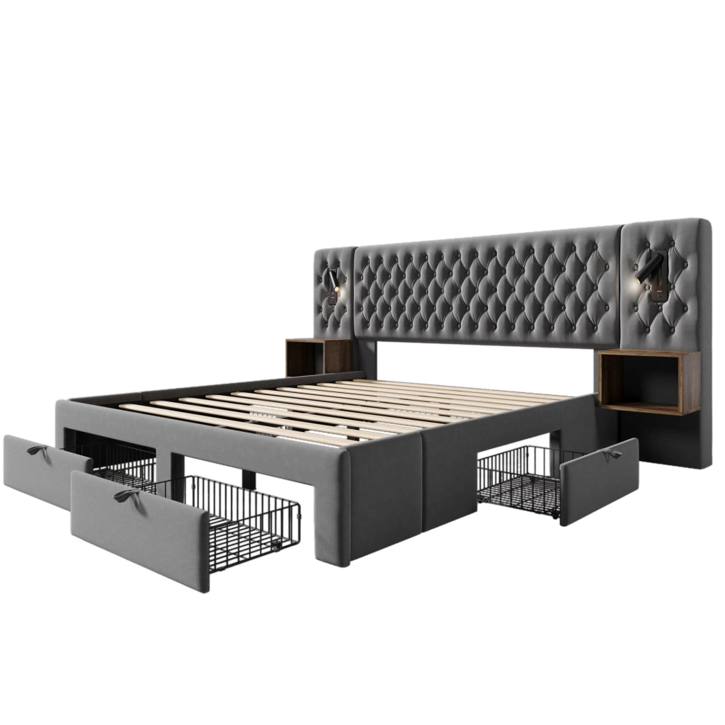 Letto matrimoniale 160x200 cm in velluto grigio con 2 comodini; 4 cassetti; luci lettura e presa USB Type C
