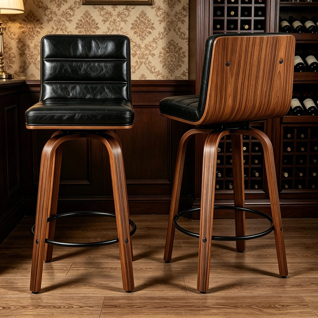 Sgabello da bar girevole 360° in ecopelle con schienale ergonomico e poggiapiedi per cucina metallo e legno nero