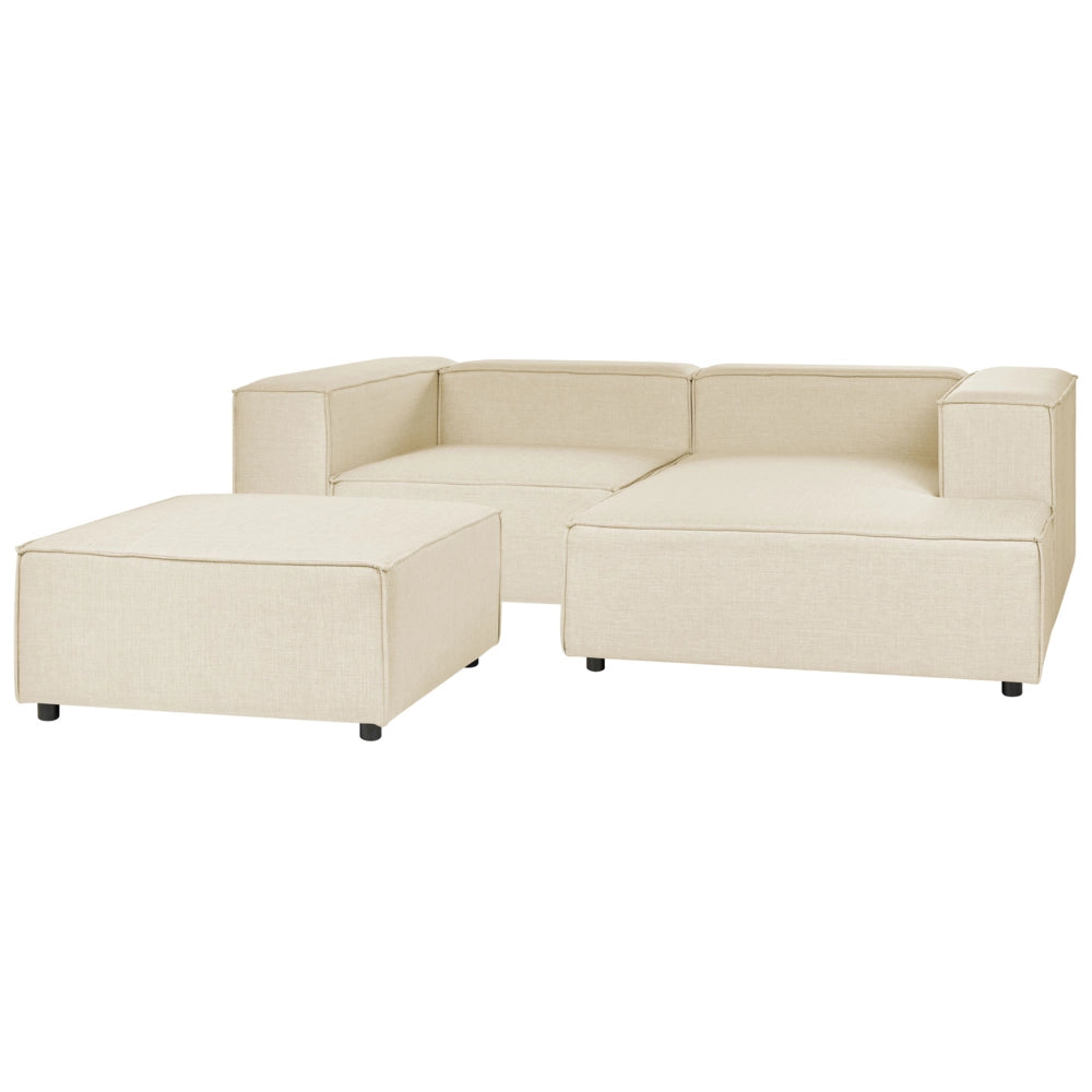 Divano ad angolo 2 posti in lino beige nero con poggiapiedi sinistro modulare stile moderno contemporaneo