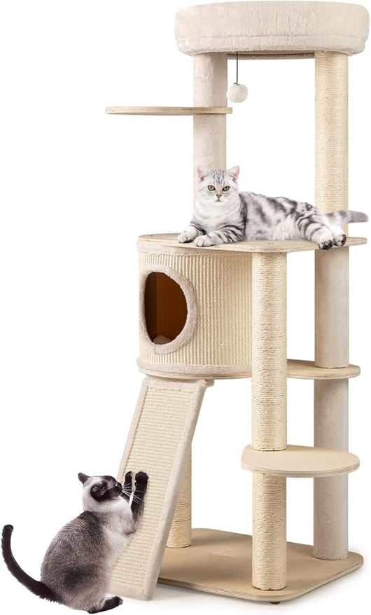 Albero per Gatti, Tiragraffi per Gattini in Legno Alto 143 cm con 2 Posti per Grattare in Sisal, Condominio, Piattaforma, Giocattolo Sospeso e Cuscino Lavabile, Mobile Moderno per Arrampicata
