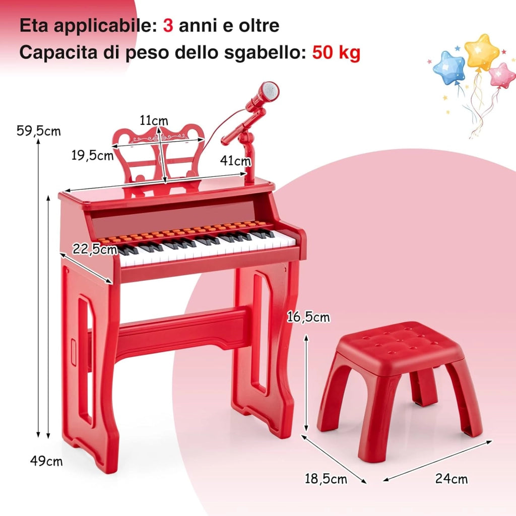 Set Pianoforte Elettrica a 37 Tasti, Tastiera Digitale con Microfono Regolabile, Supporto Rimovibile, Funzioni di Record e Playback, Pianoforte Giocattolo per Bambini 3+Anni (Rosso)