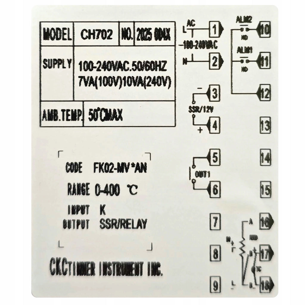 Regolatore PID di Temperatura CH702 – 230V 0-400°C | Uscita Relè + SSR | Pannello 72x72 mm | Termocoppia K | Display LED
