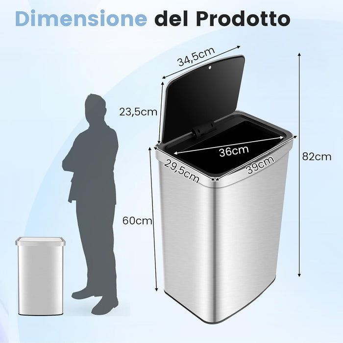 50L Cestino Automatico, Pattumiera Rettangolare con Sensore di Movimento Infrarosso, Coperchio a Chiusura Lento e Scatole di Carbonio Attivo, in Acciaio Inossidabile, 39x29,5x82 cm