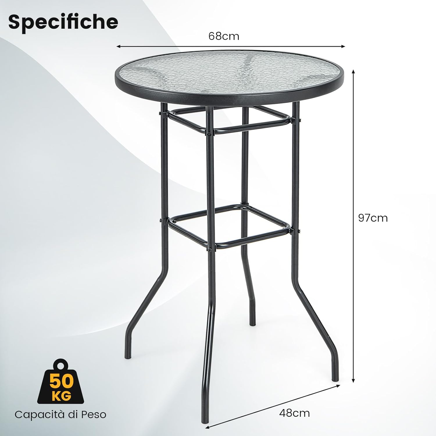 Tavolo da Bar per Giardino, Tavolo 97 cm con Piano in Vetro Temperato e Telaio in Metallo, Tavolo da Esterno per Giardino, Balcone, Cortile, Bordo, 68 x 68 x 97 cm