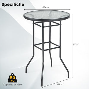 Tavolo da Bar per Giardino, Tavolo 97 cm con Piano in Vetro Temperato e Telaio in Metallo, Tavolo da Esterno per Giardino, Balcone, Cortile, Bordo, 68 x 68 x 97 cm