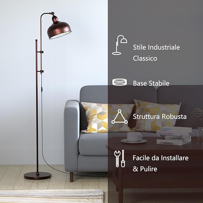 Lampada da Terra, Lampada a Stelo con Altezza e Paralume Regolabili, Finitura in Bronzo e Struttura in Metallo, Ideale per Soggiorno, Camera da Letto e Ufficio