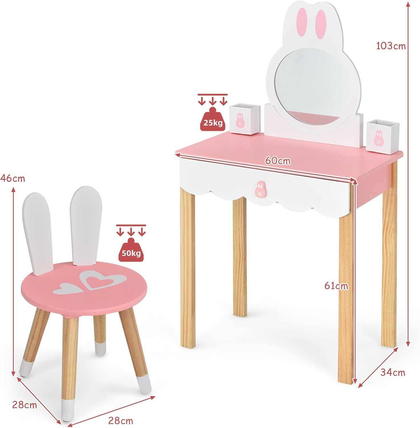 Toeletta Trucco 2 in 1 per Bambina, Specchiera a Forma di Coniglio Staccabile per Ragazza in Legno con Sgabello, Portapenni e Cassetto, Postazione Trucco, 60 x 34 x 103cm (Rosa)