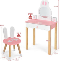 Toeletta Trucco 2 in 1 per Bambina, Specchiera a Forma di Coniglio Staccabile per Ragazza in Legno con Sgabello, Portapenni e Cassetto, Postazione Trucco, 60 x 34 x 103cm (Rosa)