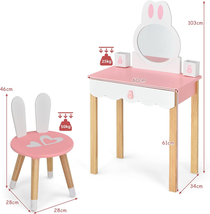 Toeletta Trucco 2 in 1 per Bambina, Specchiera a Forma di Coniglio Staccabile per Ragazza in Legno con Sgabello, Portapenni e Cassetto, Postazione Trucco, 60 x 34 x 103cm (Rosa)