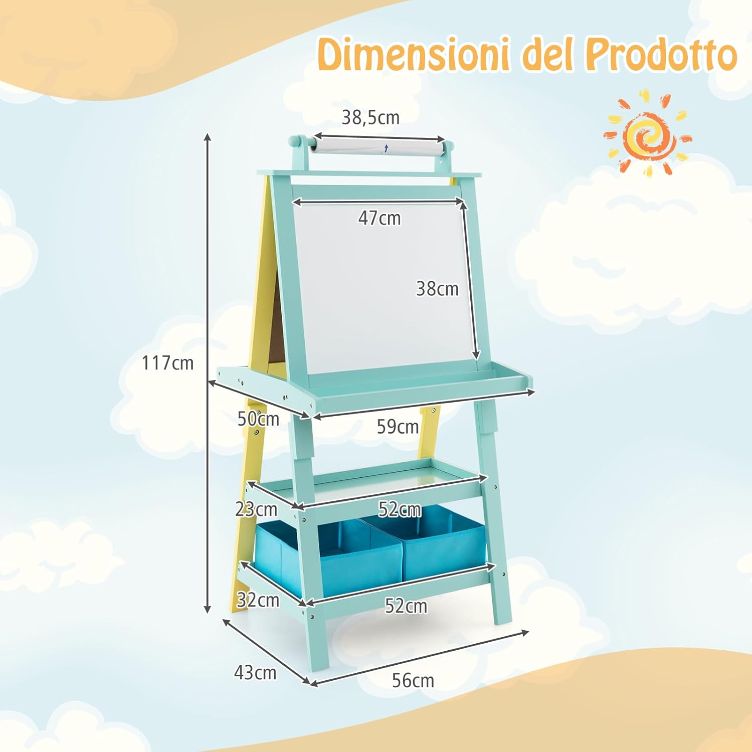 3 in 1 Cavalletto per Bambini con Doppia Faccia, Cavalletto per Disegno con 2 Vassoi e 2 Scatole, Lavagna Bambini in Legno (Verde)