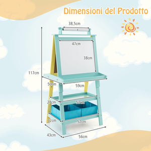 3 in 1 Cavalletto per Bambini con Doppia Faccia, Cavalletto per Disegno con 2 Vassoi e 2 Scatole, Lavagna Bambini in Legno (Verde)