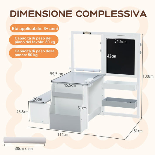 Tavolo Bambini con Sedie 3 in 1, Set Tavolo e Sedie per Bambini in Legno 114 x 81 x 100cm con Lavagna Cancellabile e Regolabile, Libreria, Scaffale e Accessori per l'Arte (Bianco e Grigio)