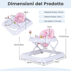 Girello per Bambini, Girello Pieghevole con Ruote, Altezza Regolabile di 3 Livelli, Cuscino del Sedile Rimovibile, per Bambini 6-36 Mesi (Rosa)