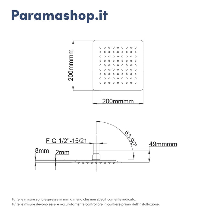 Set doccia squadrato cromato - Miscelatore incasso monocomando con braccio e soffione 20x20 cm