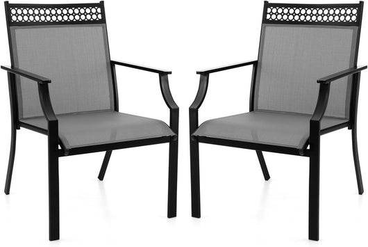 Set di 2 Sedie da Giardino in Textilene, Sedie da Esterno con Schienale Alto, Braccioli, Robusto Telaio in Metallo, Fino a 150 kg, per Patio Terrazza Balcone (Grigio+Nero)