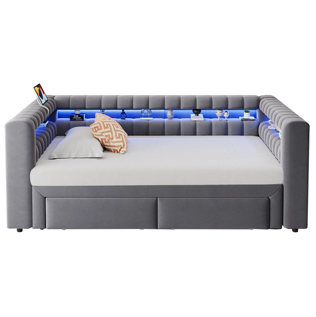 Divano letto multifunzione 90x190 cm estraibile; con cassetti; LED; USB; in velluto grigio