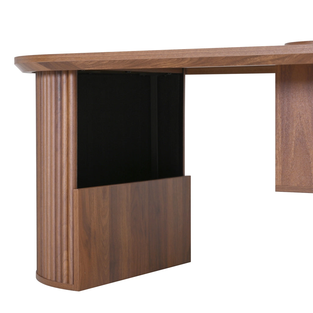 Tavolino da Caffè Ovale con Vani Portaoggetti e Ripiani Aperti; Texture Verticale; in MDF; Noce; 105×50×46;5 cm