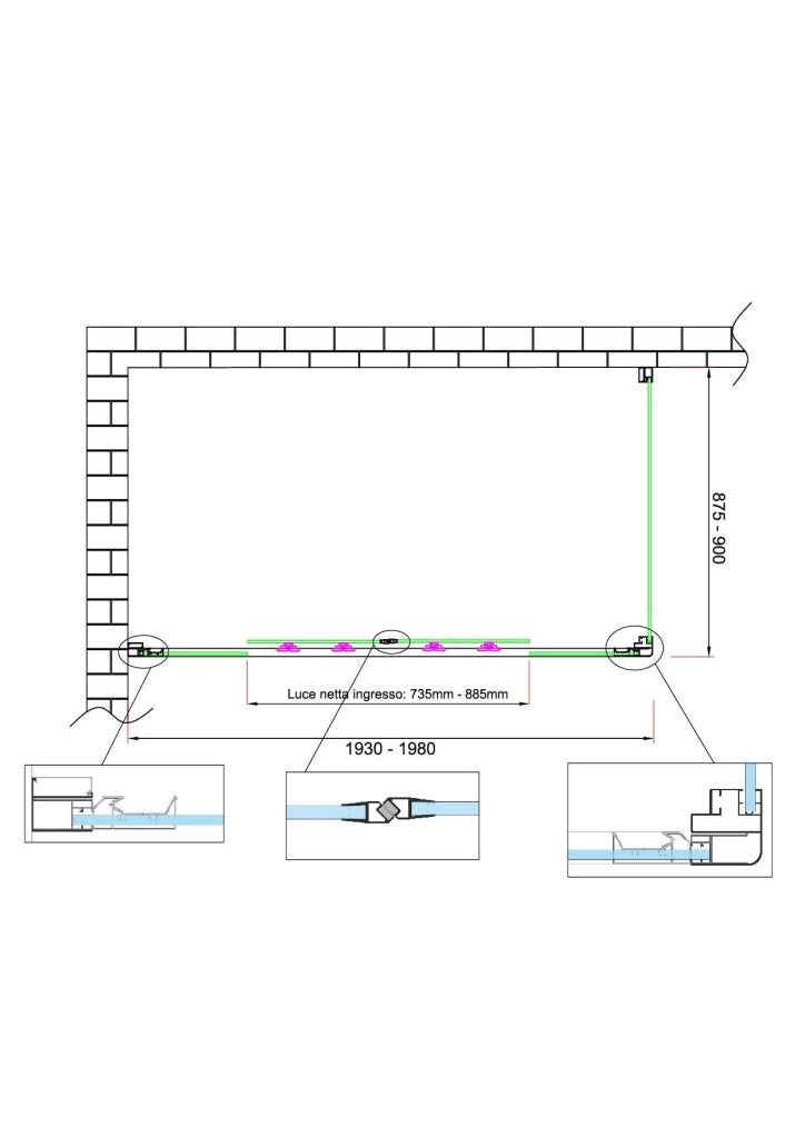 Box doccia 6 mm H 190 parete fissa e porta a 4 ante con apertura centrale MISURA 87,5-90 ANTA FISSA + PORTA 193-198