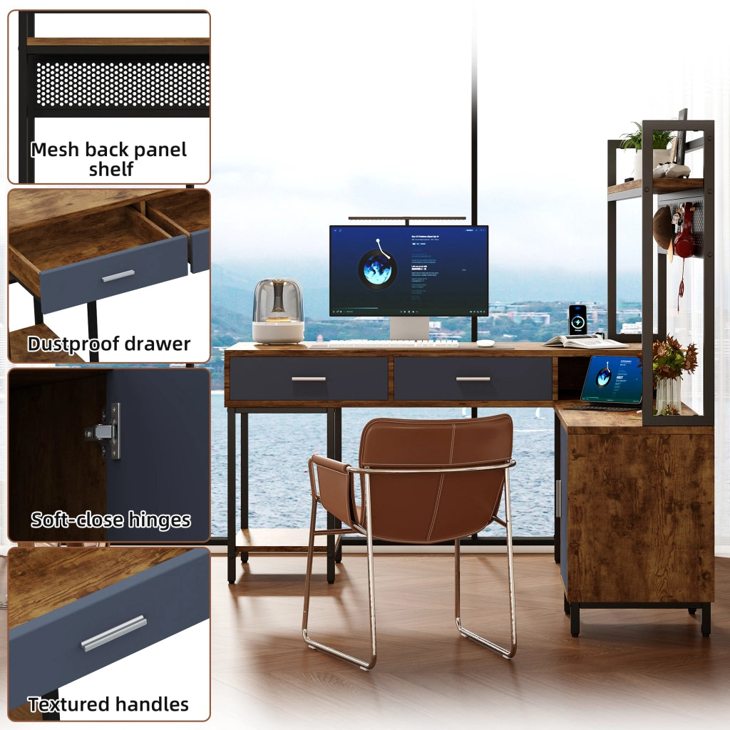 Scrivania ad angolo con 1 anta; 2 cassetti e ripiani - per studio - in MDF e metallo - 140×140×135 cm - nero