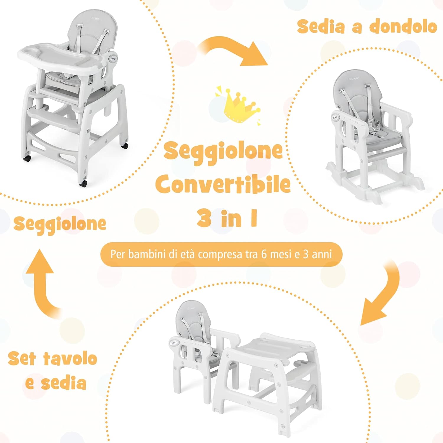 Seggiolone Pappa per Bambini 3 in 1, Seggiolone per Neonati con Vassoio Rimovibile, Cuscino, Schienale Regolabile e Cintura di Sicurezza a 5 Punti, 6-36 Mesi, Capacità 20 kg (Grigio)