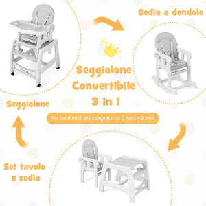 Seggiolone Pappa per Bambini 3 in 1, Seggiolone per Neonati con Vassoio Rimovibile, Cuscino, Schienale Regolabile e Cintura di Sicurezza a 5 Punti, 6-36 Mesi, Capacità 20 kg (Grigio)