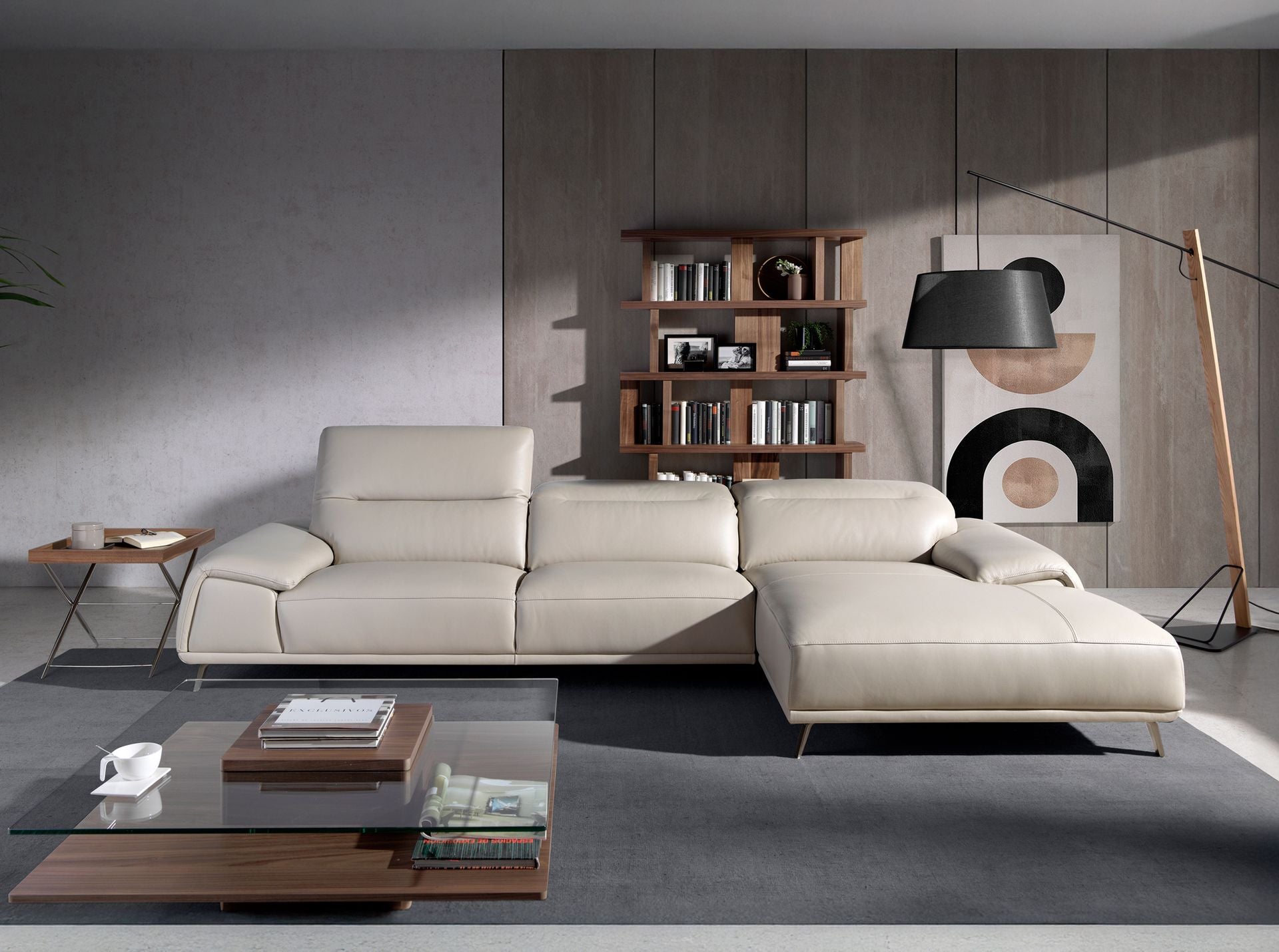 Divano chaise longue destro in pelle grigio tortora