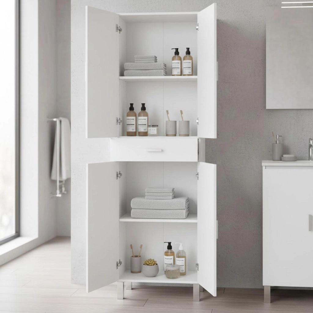 Colonna Bagno 4 Ante 4 Ripiani Cassetto Mobile Alto Moderno Salvaspazio Mensole Regolabili Elegante Minimal Per Lavanderia Ripostiglio 182 X 60 X 29 Cm Colore Bianco