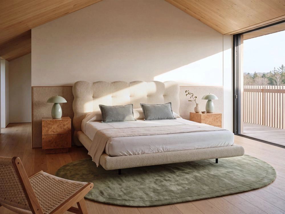 Letto matrimoniale in tessuto boucle con testata trapuntata Beige 160 x 200 cm design moderno
