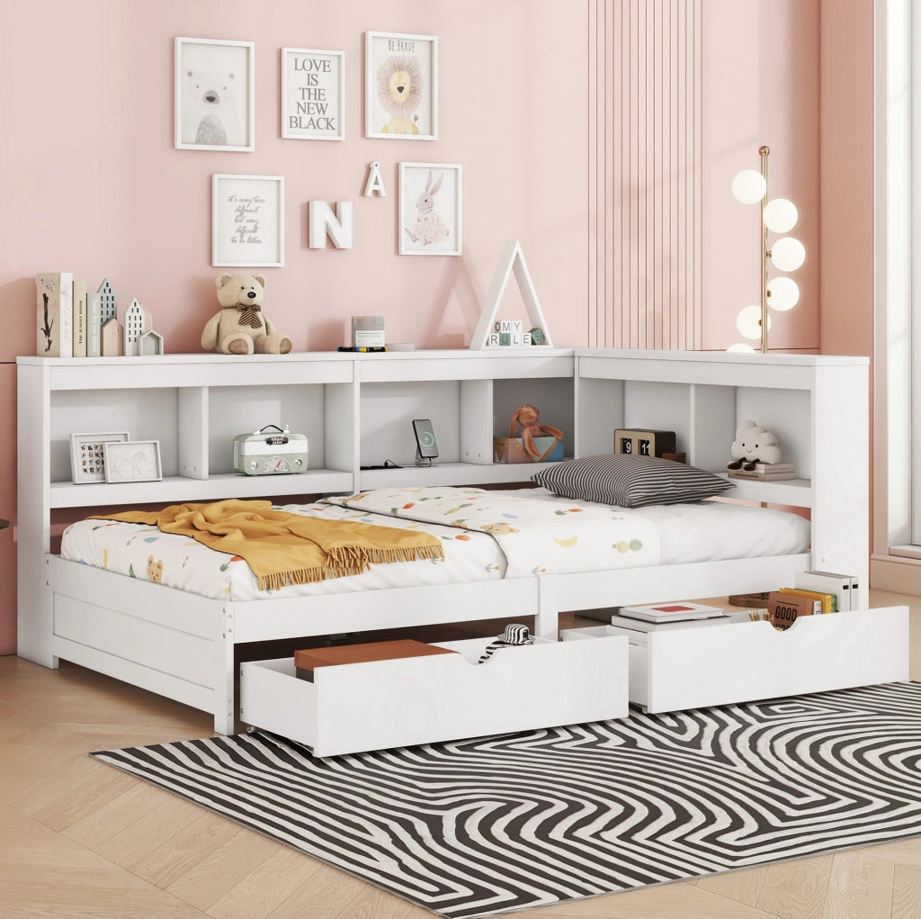 Divano letto daybed 90x200 cm con 2 cassetti; prese e 2 porte USB; bianco