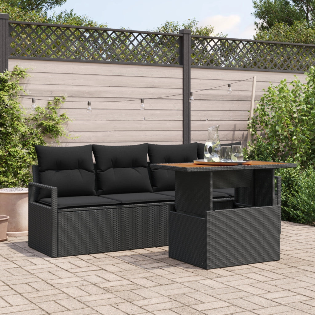 Set Divano da Giardino 5 Pezzi con Cuscini Polyrattan Nero Acacia