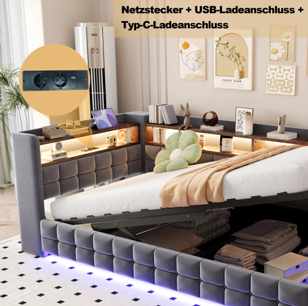 Divano letto imbottito con vano contenitore e LED