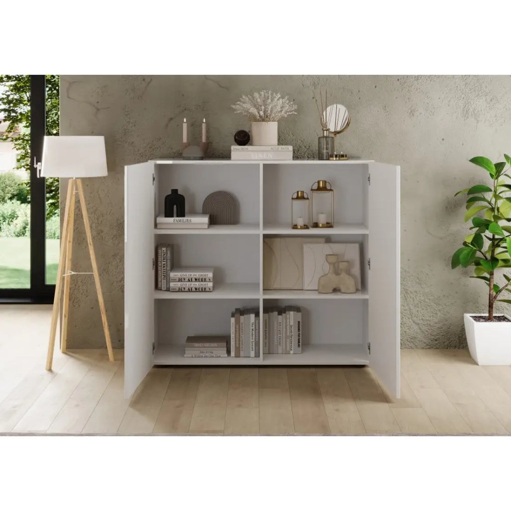Buffet alto SCENA – L121 x H111 x P42 cm – 2 porte – Bianco lucido