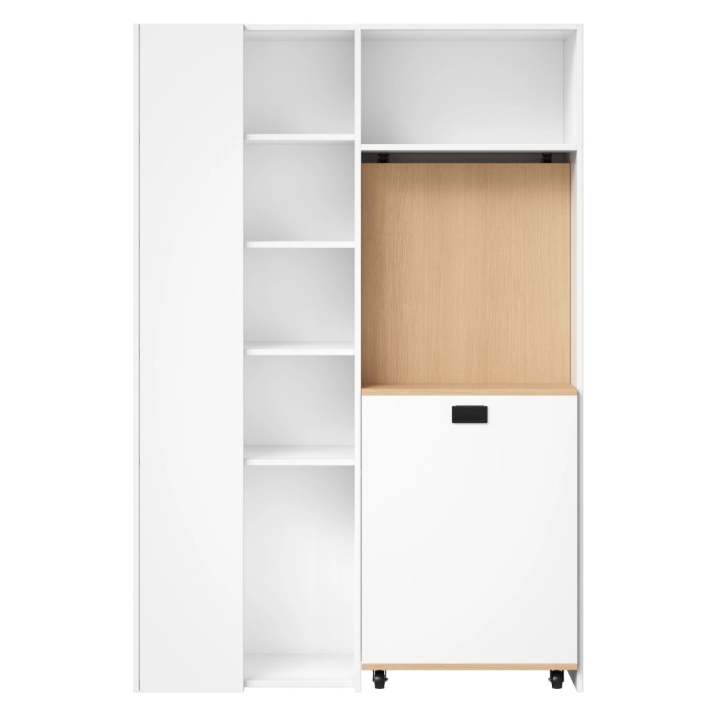 Scrivania pieghevole 104.5x30.5x160 cm con libreria integrata; presa USB; MDF bianco