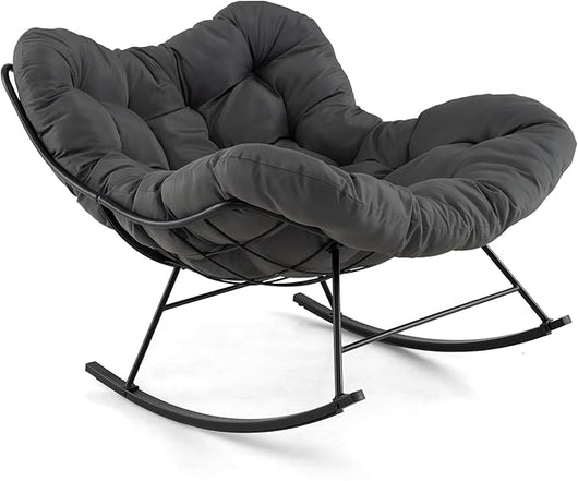 Sedia a Dondolo, Poltrona Relax Ergonomica, Poltrona Sovradimensionato con Cuscino Imbottito, Sedia a Uovo con Struttura Metallica, per Soggiorno Portico Giardino, Portata 205 kg (Grigio)