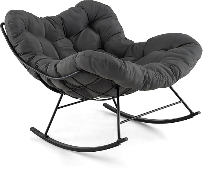 Sedia a Dondolo, Poltrona Relax Ergonomica, Poltrona Sovradimensionato con Cuscino Imbottito, Sedia a Uovo con Struttura Metallica, per Soggiorno Portico Giardino, Portata 205 kg (Grigio)