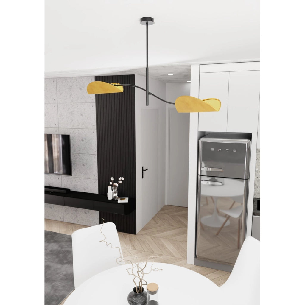 Lampada a sospensione Lotus in acciaio e velluto senape