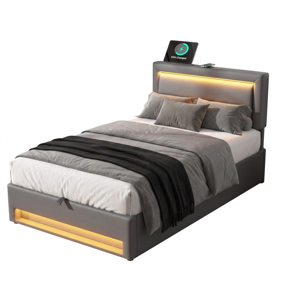 Letto imbottito 90x190 cm in PU grigio con LED e ricarica USB