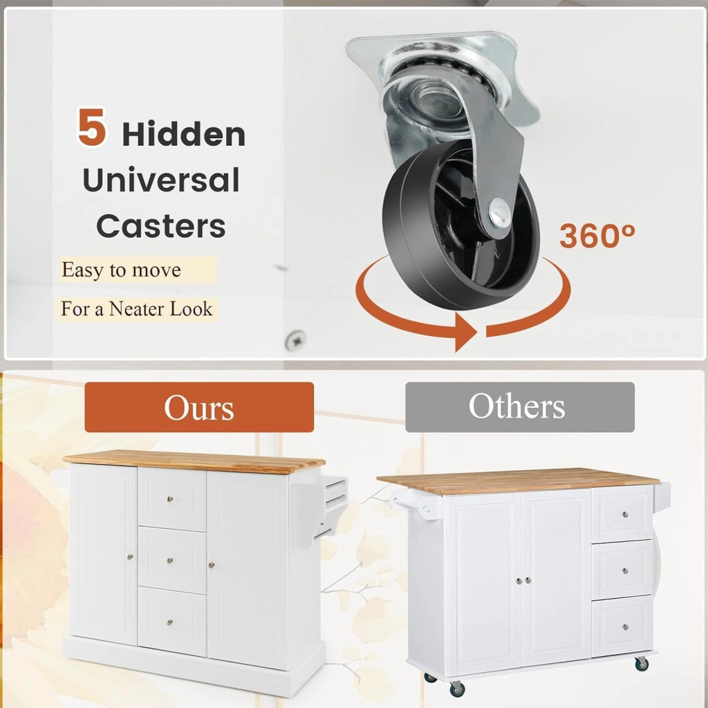 Carrello da Cucina in Legno di Quercia con 2 Armadi e 3 Cassetti, Credenza con 5 Rotelle e Cerniere in Metallo, Isola da Cucina per Soggiorno e Sala da Pranzo (Bianco)