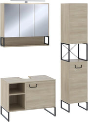 Set di mobili da bagno Vionna, Quercia/nero, 80 cm, composto da mobile sottolavabo, specchiera e mobile medio