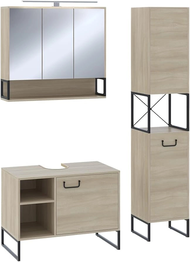 Set di mobili da bagno Vionna, Quercia/nero, 80 cm, composto da mobile sottolavabo, specchiera e mobile medio